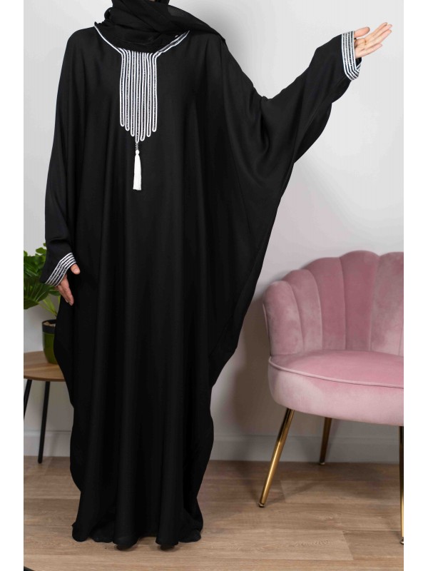 Amira de Dubaï Noire AU Fil Blanc - Abaya De Dubaï